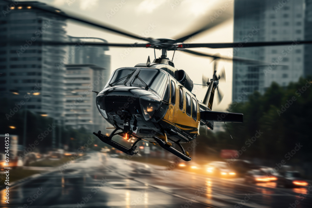 A helicopter taking off from an urban helipad, showcasing the Concept of air transport for urban commuting and sightseeing. Generative Ai.