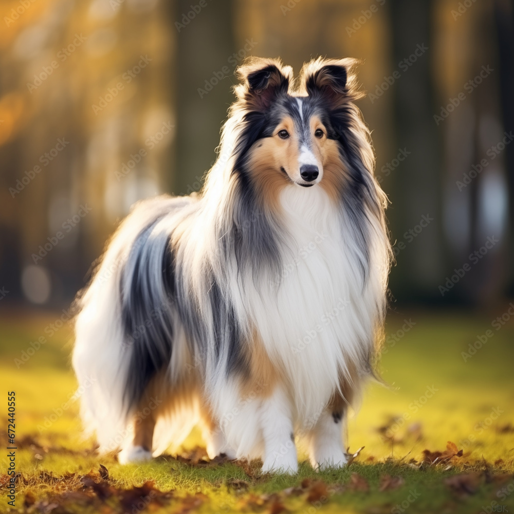 Sheltie dog standing standing in a sunlit meadow created with Generative AI technology