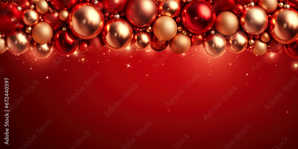Christmas gold and red ball ornaments flat lay on red background, winter holiday seasonal decor, copyspace Christmas gold and red ball ornaments flat lay on red background, winter holiday seasonal decor, copyspace