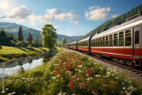 A passenger train making its way through a picturesque countryside, representing the Concept of scenic rail journeys. Generative Ai.