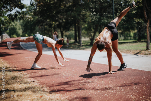 Fitness duo in sports clothing practice outdoor training, including cartwheels, showcasing their strength, vitality and positive results while enjoying summertime in the park.