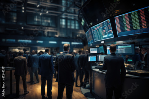 A bustling stock exchange floor with traders signaling buy and sell orders, representing the Concept of financial markets and trading. Generative Ai. photo