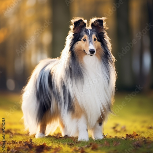 Sheltie dog standing standing in a sunlit meadow created with Generative AI technology