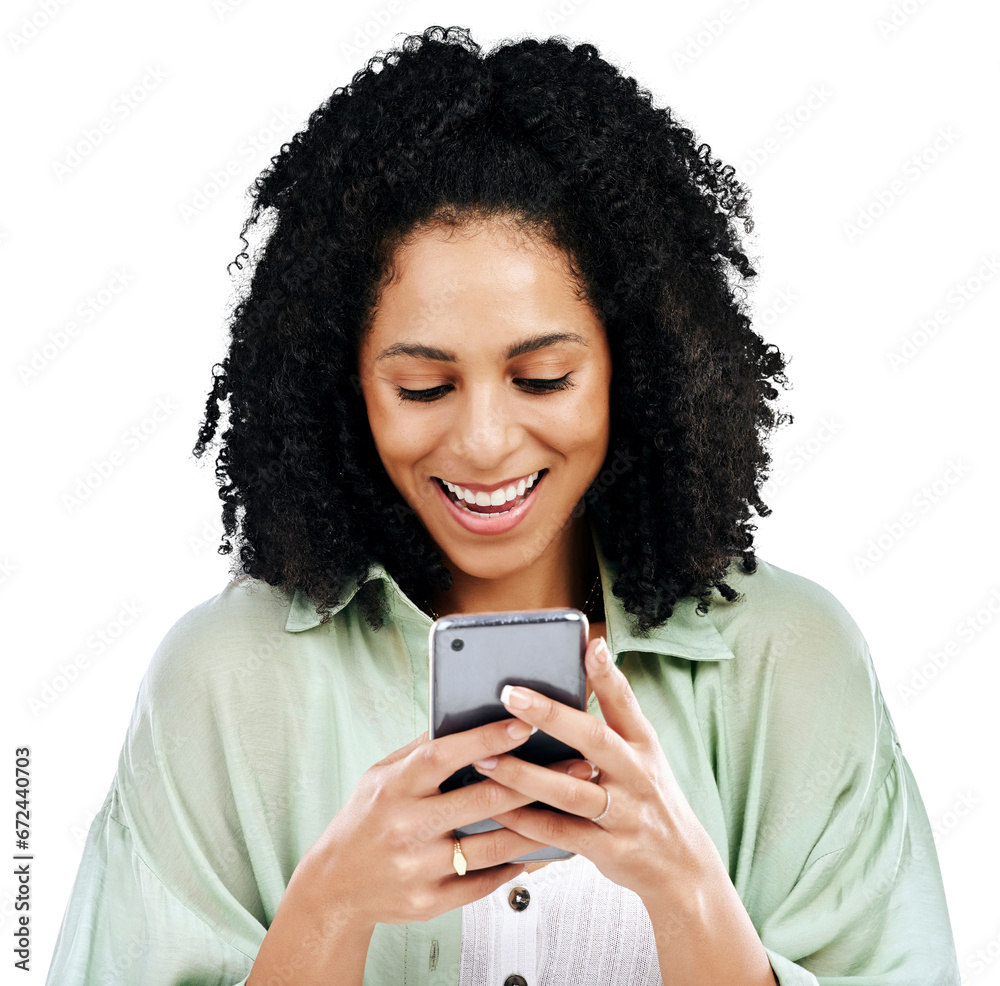 Happy woman, phone and communication for networking or social media isolated on a transparent PNG background. Female person smile with mobile smartphone for online search, chatting app or texting Happy woman, phone and communication for networking or social media isolated on a transparent PNG background. Female person smile with mobile smartphone for online search, chatting app or texting