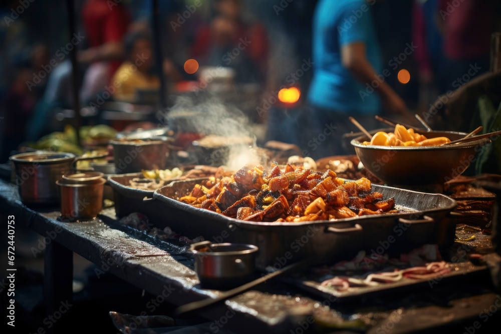 A street vendor skillfully preparing and serving street food to customers, highlighting the Concept of street food culture and informal trade. Generative Ai. A street vendor skillfully preparing and serving street food to customers, highlighting the Concept of street food culture and informal trade. Generative Ai.