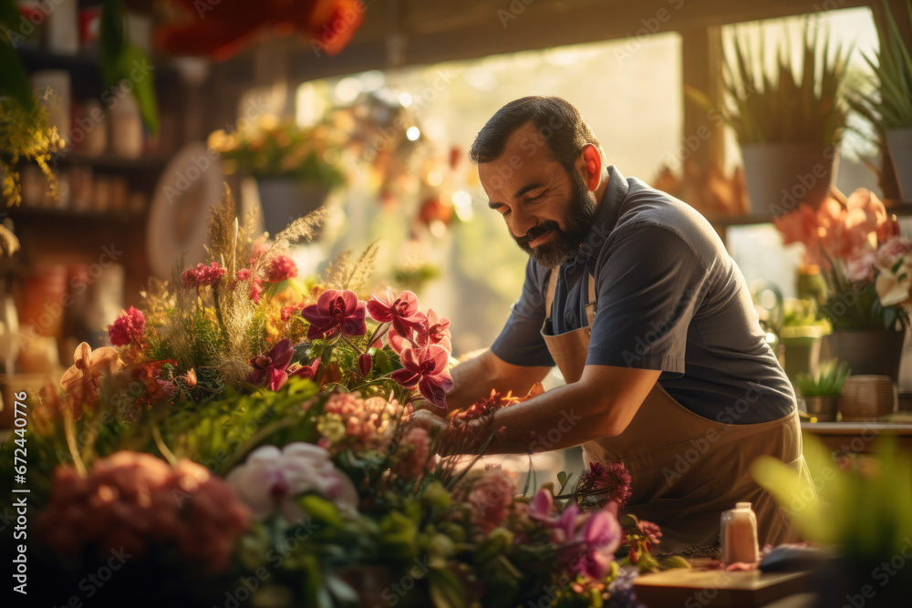 A florist arranging colorful blooms in a flower shop, embodying the Concept of floral trade and retail. Generative Ai.