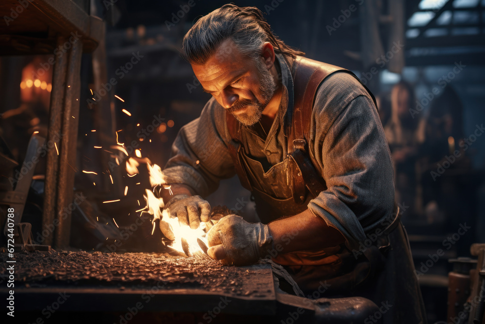 A craftsman shaping molten metal in a blacksmith's workshop, showcasing the Concept of traditional craftsmanship and metalworking trade. Generative Ai.