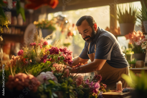 A florist arranging colorful blooms in a flower shop, embodying the Concept of floral trade and retail. Generative Ai. © Sebastian