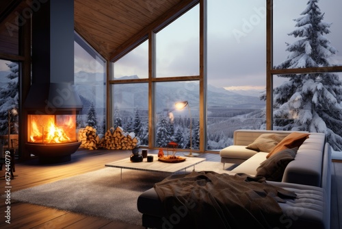 Interior of a modern chalet in the mountains with cozy sofa and fireplace