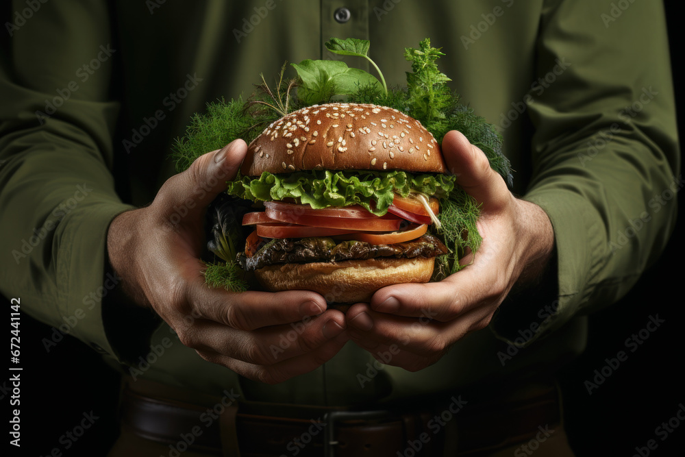 A person holding a plant-based burger, illustrating a meatless, sustainable diet. Concept of vegetarian and vegan nutrition. Generative Ai. - obrazy, fototapety, plakaty 