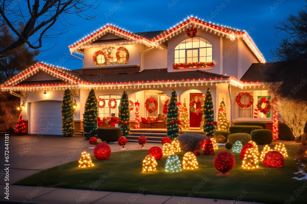 Christmas lights and decorations on a suburban house exterior at night, winter holiday seasonal decor