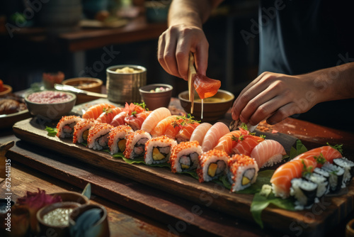 A sushi chef expertly preparing sushi rolls with fresh seafood and vegetables. Concept of Japanese cuisine and seafood. Generative Ai.
