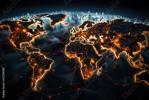 An intricate network of global value chains connecting manufacturers, suppliers, and distributors across borders. Concept of international trade and supply chains. Generative Ai. photo