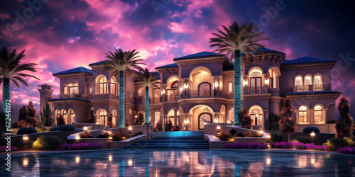 Tropical hotel or mansion home with Christmas lights on palm trees at night, wide banner © Sunshower Shots