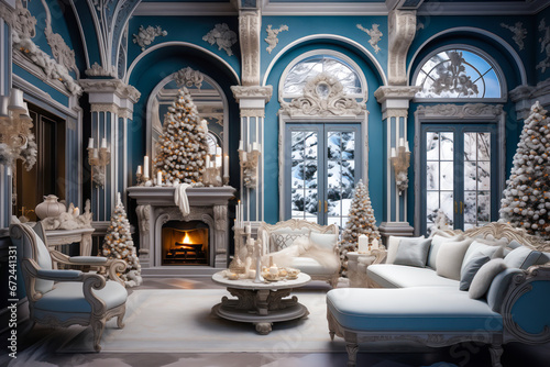 Christmas interior decor  blue and white  mansion  luxury interior design