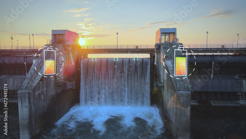 Fotografi Dam hydroelectric power station at sunset collects green clean energy and charge