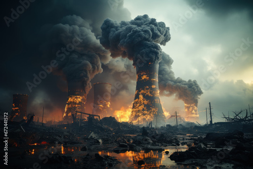Smokestacks from an industrial factory billowing dark clouds of pollution into the sky. Concept of air pollution and industrial emissions. Generative Ai.