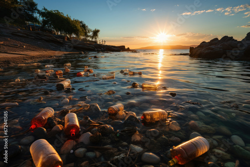 Trash and plastic waste scattered along a polluted shoreline, highlighting the issue of ocean pollution and environmental degradation. Generative Ai.
