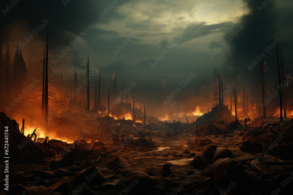 A beautiful forest transformed into a charred landscape after a forest fire, emphasizing the effects of air pollution from wildfires. Generative Ai. A beautiful forest transformed into a charred landscape after a forest fire, emphasizing the effects of air pollution from wildfires. Generative Ai.