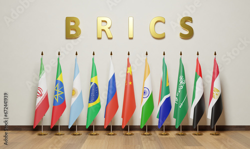 flags of BRICS is a grouping of Brazil, Russia, India, China, and South Africa  , Argentina , Egypt ,Ethiopia, Iran, Saudi Arabia ,United Arab Emirates photo