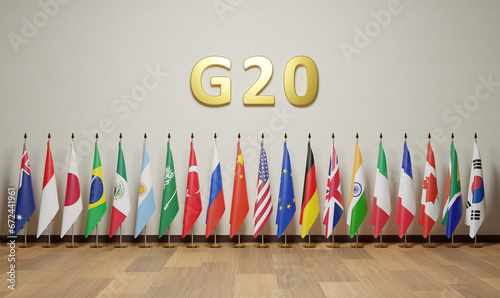 Flags of The G20 or Group of 20 is an intergovernmental forum comprising 19 sovereign countries, the European Union photo