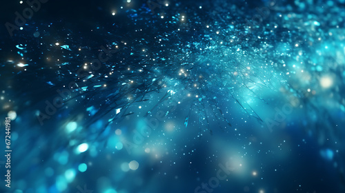 An abstract environment with tranquil aqua blue and silver particles. Iridescent underwater light shine particles bokeh on a deep ocean blue background. Silver foil texture created with AI technology