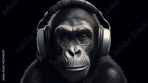 Black monkey happily playing music with headphone image AI generated art