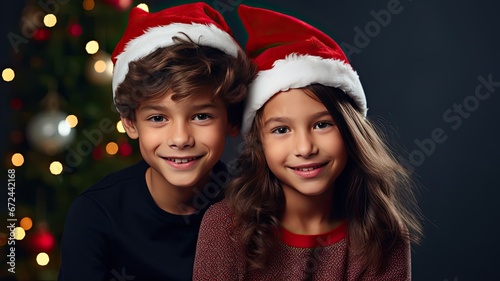 a cheerful and stylish young couple, a girl and a boy, dressed in fashionable clothes, sitting together in a studio, the festive spirit of Christmas and New Year with their happy, smiling faces.