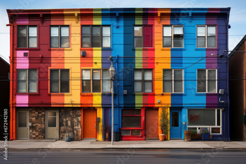 A pride flag mural painted on the side of a building in a city  showcasing public support for LGBTQ  rights. Generative Ai.