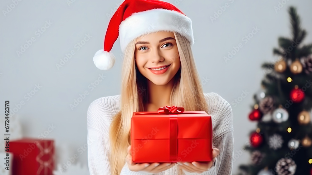 A beautiful girl in a red Christmas hat gives a gift.