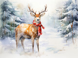 A painting of a deer wearing a red scarf