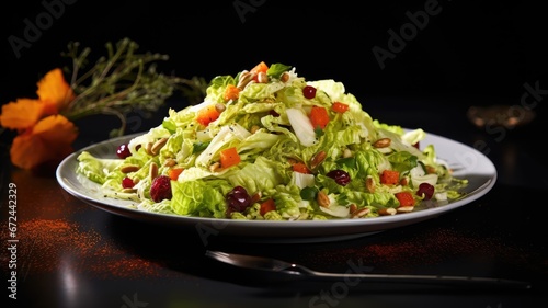 an autumn salad composed of cabbage, fennel, pumpkin seeds, and cranberries, the salad in a modern minimalist style on a pristine white background, ensuring ample empty space for text