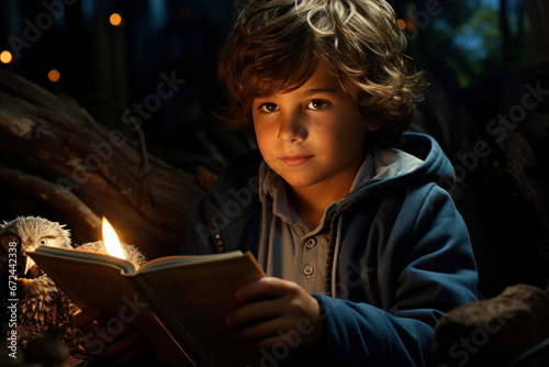 A child reading a book with a flashlight under the covers, emphasizing the right to education and access to literature. Generative Ai.