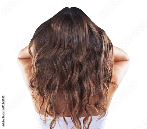 Beauty, hair care and back of woman for salon on isolated, png and transparent background for growth. Haircare, hairdresser and person with curl hairstyle for healthy texture, shine and cosmetics