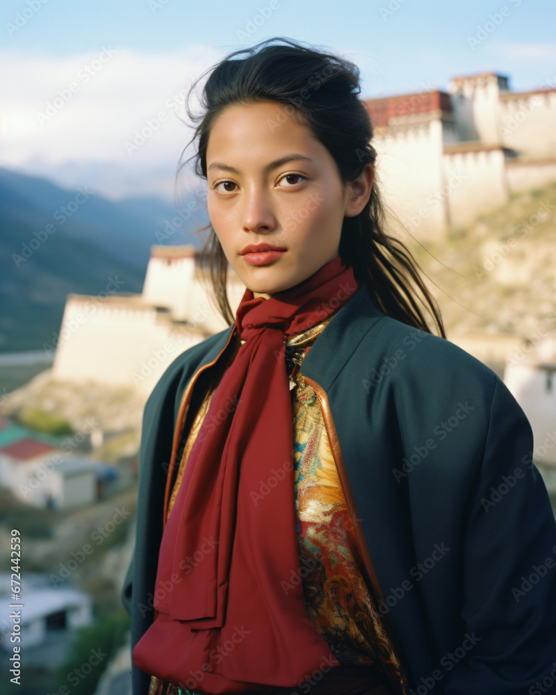 Fototapeta premium A beautiful mongolian woman wearing a red scarf and a green jacket