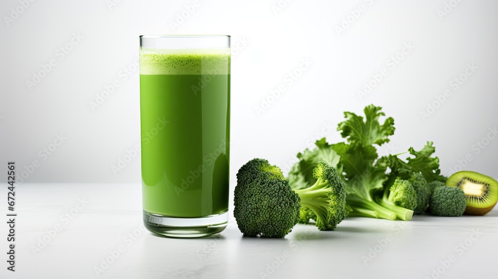 a healthy green smoothie, featuring broccoli, elegantly presented in a glass on a white wood background. The composition follows a modern minimalist style on a white background. a healthy green smoothie, featuring broccoli, elegantly presented in a glass on a white wood background. The composition follows a modern minimalist style on a white background.