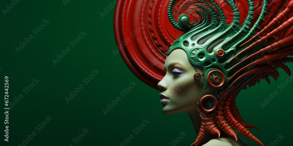 portrait of a extraterrestrial person with surreal headdress in front of a green background with copy space, crazy surreal young woman with ornamental head decoration