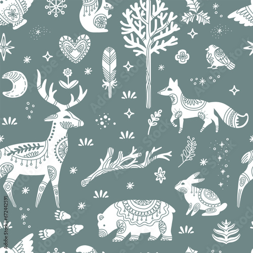 Seamless pattern with woodland animals silhouettes vector