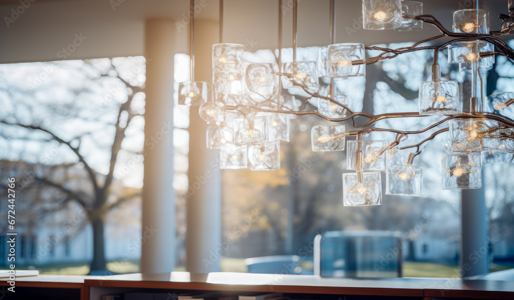 Contemporary glass chandelier with lamps hanging behind a window. Contemporary glass chandelier with lamps hanging behind a window.