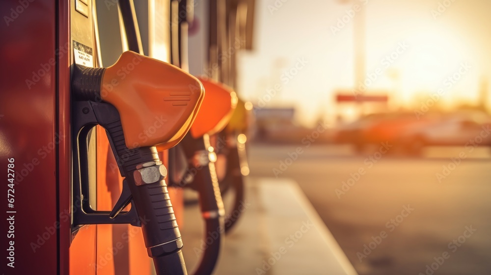 Closeup fuel nozzle with blurred outdoor gas station background - obrazy, fototapety, plakaty 