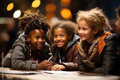 Children discussing and sharing their ideas at a youth council meeting, highlighting participation in decision-making. Generative Ai.