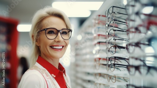 Elderly woman trying eyeglasses in optics store