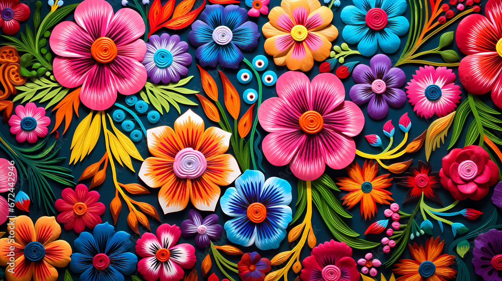 Vibrant Textile Woven Flowers: A Celebration of Mexican Culture - obrazy, fototapety, plakaty 