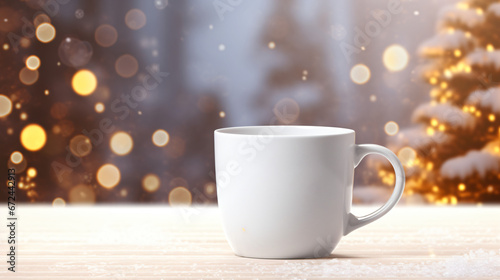 A white coffee cup sitting on top of a wooden table with christmas lights in the background