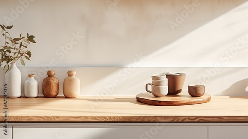 a delectable croissant and a cup of coffee elegantly placed on a kitchen countertop  the scene against a minimalist interior with modern furniture