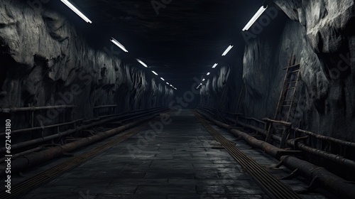  a dimly lit tunnel with a ladder leading up to the light at the end of one of the tunnel walls. generative ai
