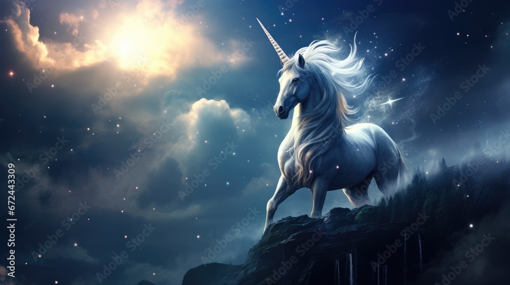 a white unicorn standing on top of a cliff under a night sky with stars ...