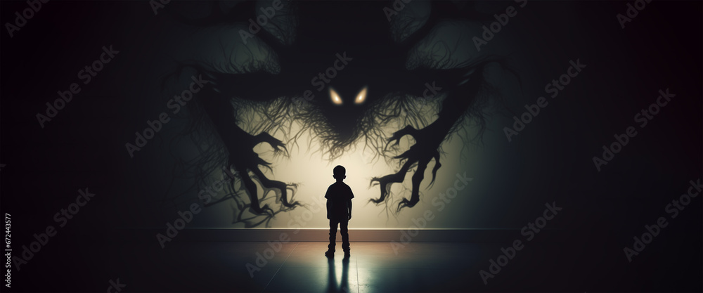 strong kid challenge his nightmares and imaginary monster, children psychology and personality confidence or sleeping disorder concepts as wide banner poster design with copy space - obrazy, fototapety, plakaty 