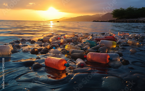 spazzatura inquinante di pezzi di plastica e bottiglie nel mare, concetto di inquinamento da plastica photo