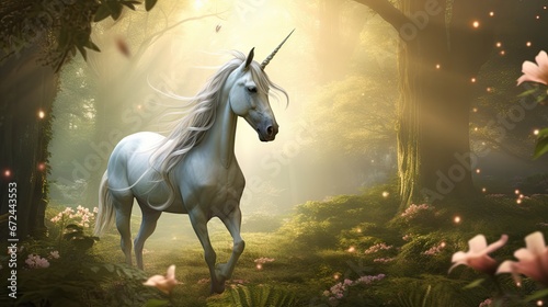  a white unicorn standing in the middle of a forest surrounded by pink flowers and a forest - like area with lots of trees and flowers.  generative ai